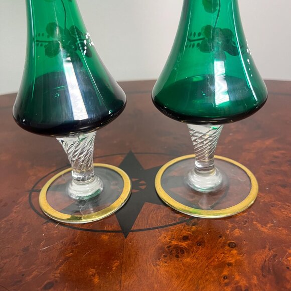 VTG Pair Czech Bohemian Green Vase Hand painted Hand blown 22k Gold Accents 8" - Picture 9 of 10